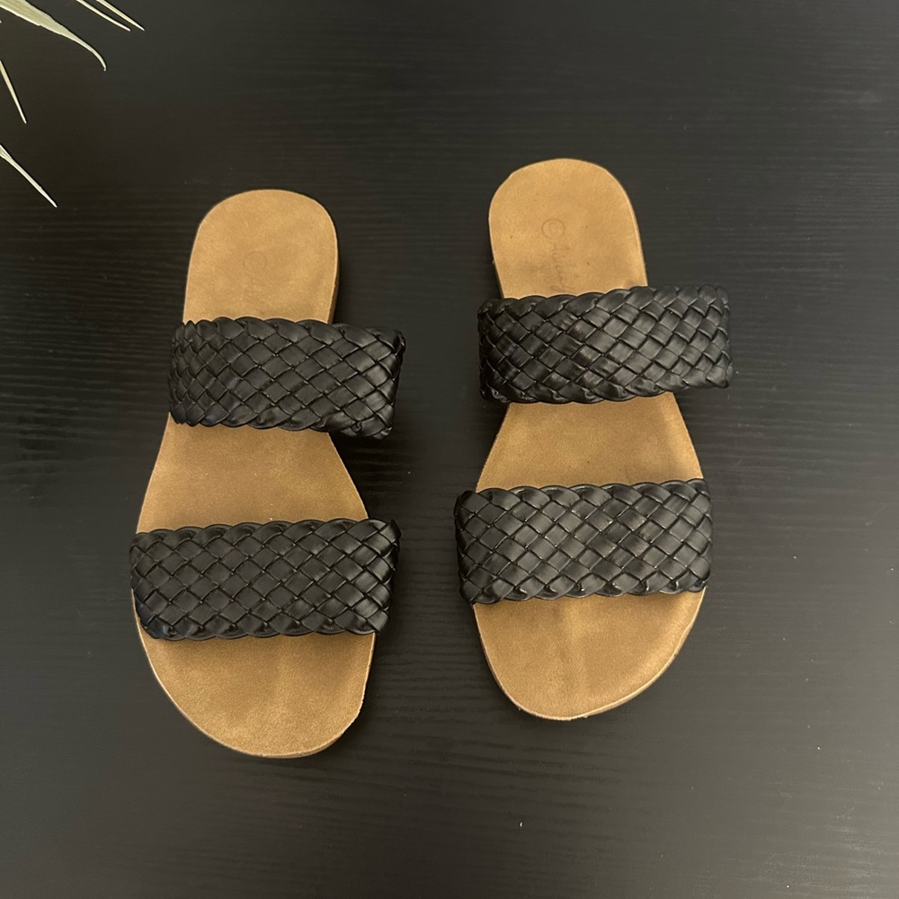 Black Braided Double-Strap Slide Sandals